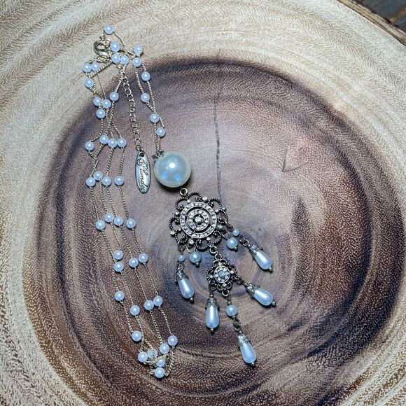 Plunder Design Brand Long Crystal & Faux Pearl Dangle Charm Station Necklace - Picture 6 of 6